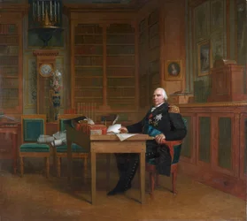 König Louis XVIII meditiert über die Charta, sitzend an seinem Arbeitstisch im Palais des Tuileries